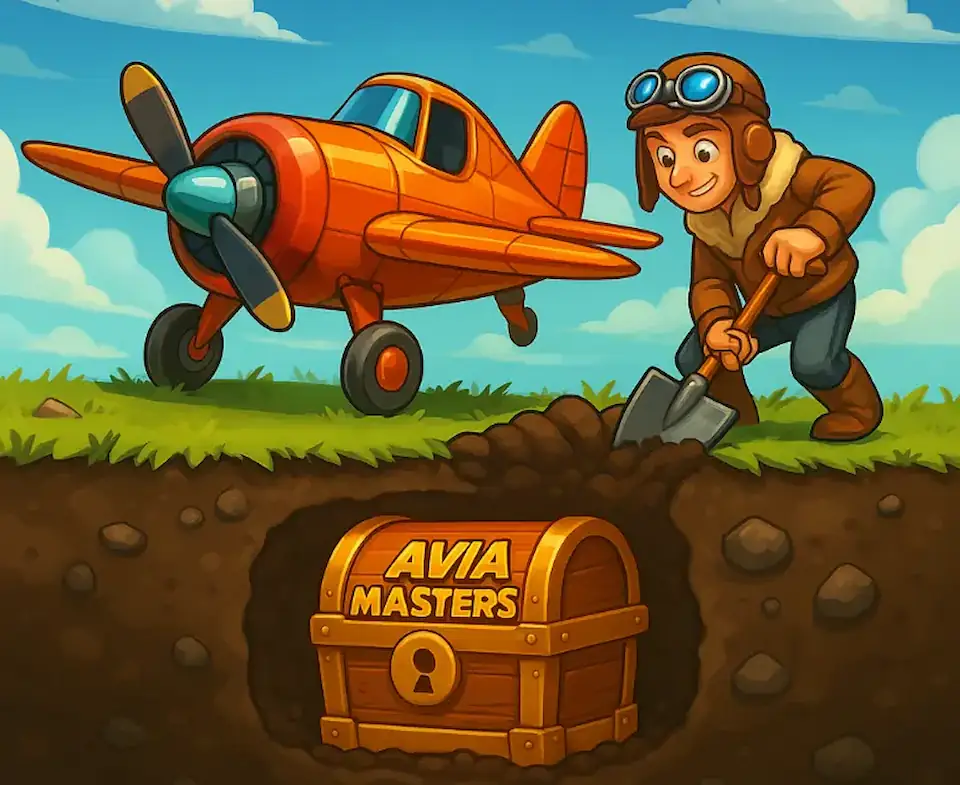Piloot graaft naast het vliegtuig en ontdekt een schatkist met Avia Master-schatten.