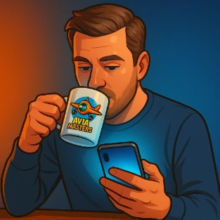 Speler houdt Avia Master mok vast en kijkt naar het spel op zijn telefoon.